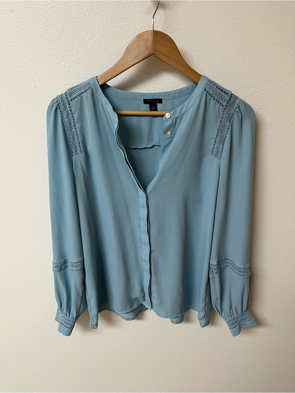Ann Taylor Soft Blue Crochet-Trim Button Front Blouse